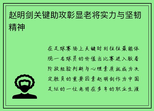 赵明剑关键助攻彰显老将实力与坚韧精神 赵明剑关键助攻彰显老将实力与坚韧精神